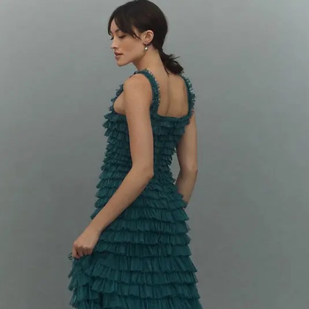 Mac Duggal Square-Neck Ruffled Tiered Tulle Formal Ball Gown Teal Green Size 10 - Picture 7 of 15